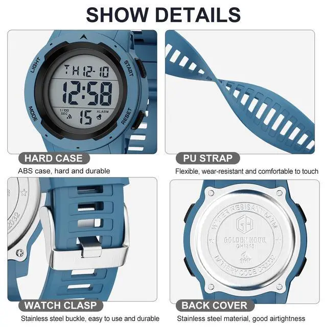 Alt view image 3 of 7 - JAYSUING Mens Waterproof Digital Sport Watches Wide Screen Easy Read Display Military Style with Blue Rubber Strap
