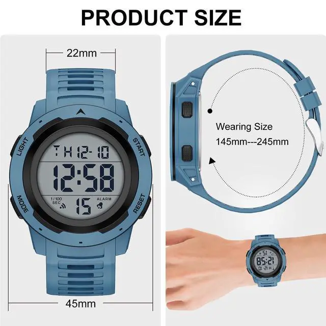 Alt view image 4 of 7 - JAYSUING Mens Waterproof Digital Sport Watches Wide Screen Easy Read Display Military Style with Blue Rubber Strap