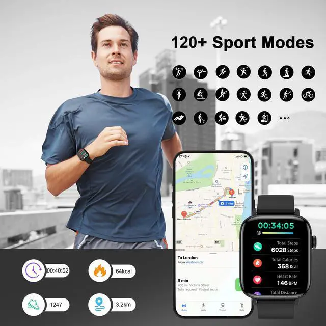 Alt view image 5 of 6 - Smart Watch for Men - 1.90" HD Touch Screen Smartwatch, Bluetooth Call, Fitness Tracker with 120+ Sport Modes, Heart Rate & Sleep Monitor, IP68 Waterproof Smart Watches for Android & iPhone, Black