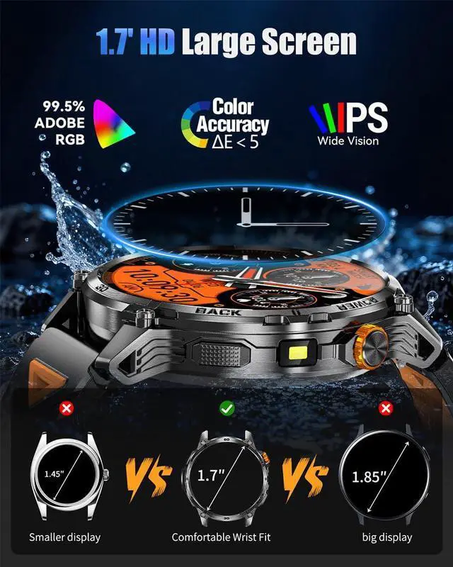 Alt view image 2 of 7 - JAYSUING Military Smart Watches for Men,1000mAh/1.7" HD Large Screen Smartwatch, Led Flashlight, Answer/Make Calls,Waterproof,Heart Rate/Sleep Monitor/110+ Sport Modes Fitness Watch for Android/iPhone