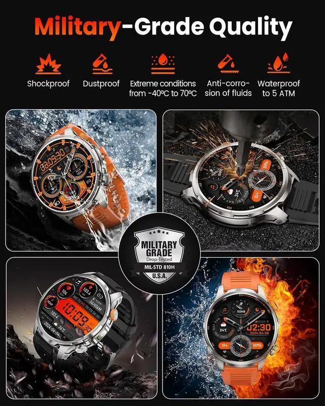 Alt view image 2 of 7 - Smart Watches for Men, Military Smart Watch with 100 Days Battery/Flashlight/Heart Rate/Sleep/SpO2 Monitor/Calling/110+ Sports Mode, 5 ATM Rugged Men's Fitness Tracker Watch for Android iPhone(Silver)