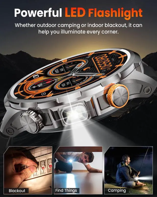 Alt view image 3 of 7 - Smart Watches for Men, Military Smart Watch with 100 Days Battery/Flashlight/Heart Rate/Sleep/SpO2 Monitor/Calling/110+ Sports Mode, 5 ATM Rugged Men's Fitness Tracker Watch for Android iPhone(Silver)