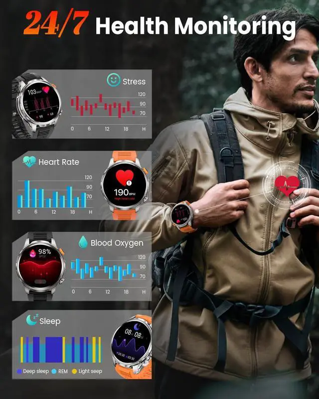 Alt view image 5 of 7 - Smart Watches for Men, Military Smart Watch with 100 Days Battery/Flashlight/Heart Rate/Sleep/SpO2 Monitor/Calling/110+ Sports Mode, 5 ATM Rugged Men's Fitness Tracker Watch for Android iPhone(Silver)