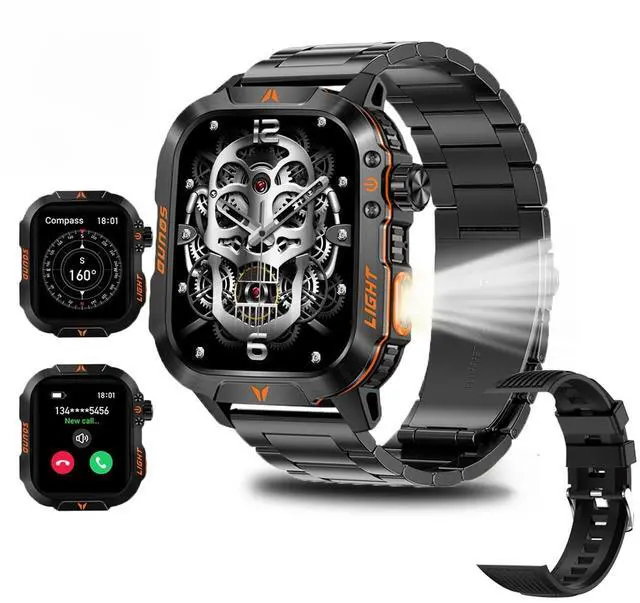 Main image of QTLLBT Military Smart Watch for Men (Stainless steel), 2.01" HD Bluetooth Call Rugged Watch with Compass Barometer LED Flashlight, 100+ Sports Modes IP68 Waterproof Business Tactical Watch Android iOS