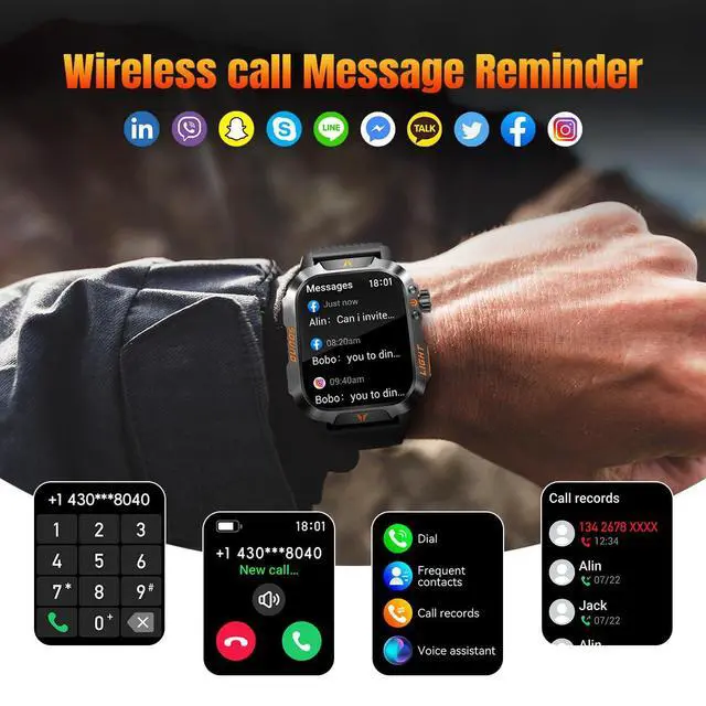 Alt view image 2 of 7 - QTLLBT Military Smart Watch for Men (Stainless steel), 2.01" HD Bluetooth Call Rugged Watch with Compass Barometer LED Flashlight, 100+ Sports Modes IP68 Waterproof Business Tactical Watch Android iOS