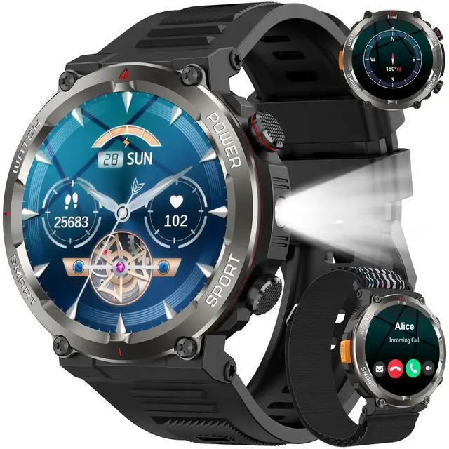 Main image of Military Smart Watch for Men, 100 Days Battery/Led Flashlight/Compass/2 Straps/IP68 Waterproof Smart Watches for Men, Tactical Smart Watch Outdoor, Answer/Make Calls Fitness Tracker for iPhone/Android