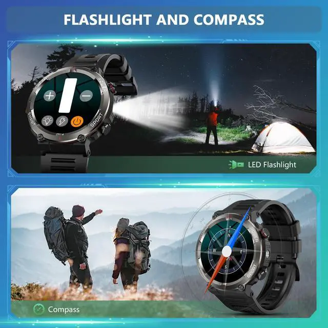 Alt view image 3 of 7 - Military Smart Watch for Men, 100 Days Battery/Led Flashlight/Compass/2 Straps/IP68 Waterproof Smart Watches for Men, Tactical Smart Watch Outdoor, Answer/Make Calls Fitness Tracker for iPhone/Android
