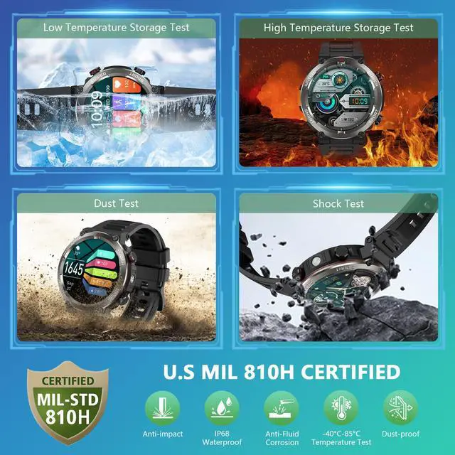 Alt view image 4 of 7 - Military Smart Watch for Men, 100 Days Battery/Led Flashlight/Compass/2 Straps/IP68 Waterproof Smart Watches for Men, Tactical Smart Watch Outdoor, Answer/Make Calls Fitness Tracker for iPhone/Android