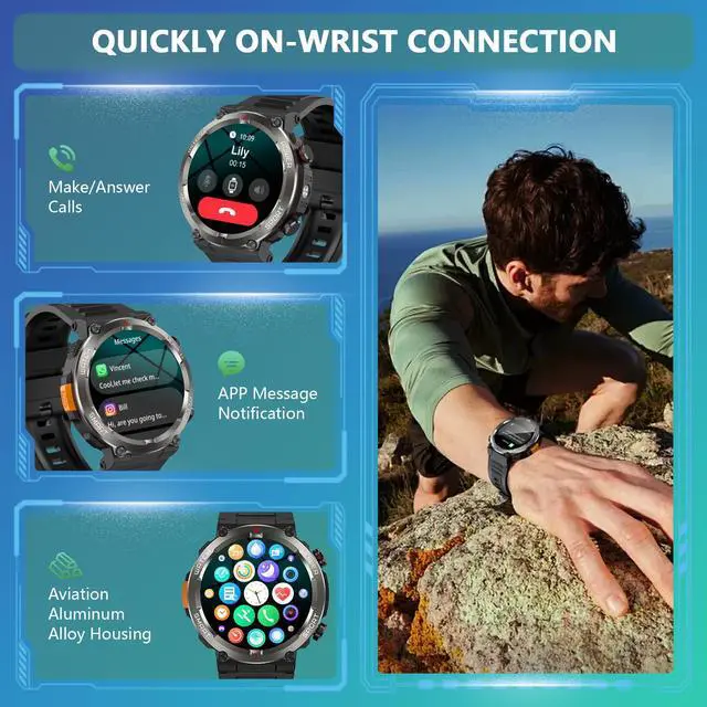 Alt view image 5 of 7 - Military Smart Watch for Men, 100 Days Battery/Led Flashlight/Compass/2 Straps/IP68 Waterproof Smart Watches for Men, Tactical Smart Watch Outdoor, Answer/Make Calls Fitness Tracker for iPhone/Android