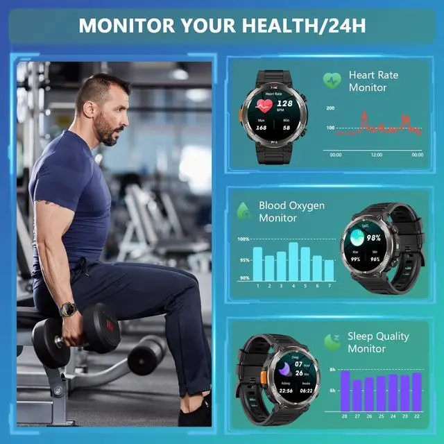 Alt view image 6 of 7 - Military Smart Watch for Men, 100 Days Battery/Led Flashlight/Compass/2 Straps/IP68 Waterproof Smart Watches for Men, Tactical Smart Watch Outdoor, Answer/Make Calls Fitness Tracker for iPhone/Android