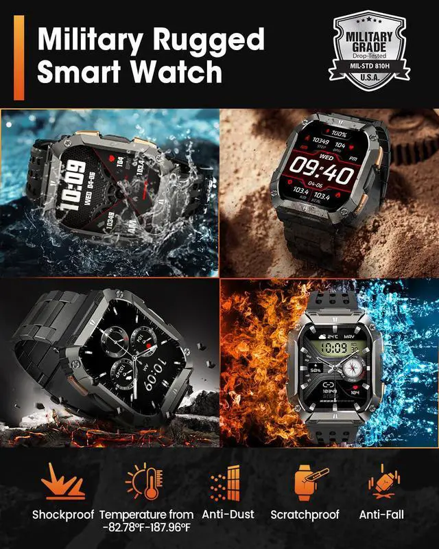 Alt view image 2 of 7 - Military Smart Watches for Men, 1.95'' Smart Watch with 100 Days Battery/Flashlight, Fitness Tracker Watch with Heart Rate/Sleep Monitor/100+ Sports Mode,5 ATM Rugged Smartwatch for Android and iPhone