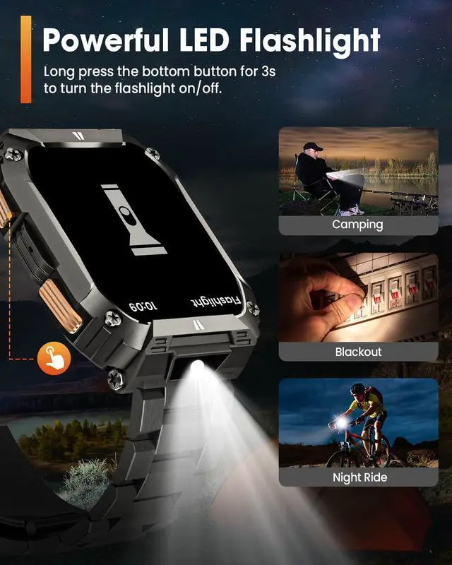 Alt view image 4 of 7 - Military Smart Watches for Men, 1.95'' Smart Watch with 100 Days Battery/Flashlight, Fitness Tracker Watch with Heart Rate/Sleep Monitor/100+ Sports Mode,5 ATM Rugged Smartwatch for Android and iPhone