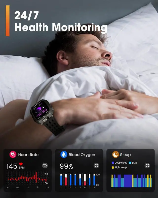 Alt view image 5 of 7 - Military Smart Watches for Men, 1.95'' Smart Watch with 100 Days Battery/Flashlight, Fitness Tracker Watch with Heart Rate/Sleep Monitor/100+ Sports Mode,5 ATM Rugged Smartwatch for Android and iPhone