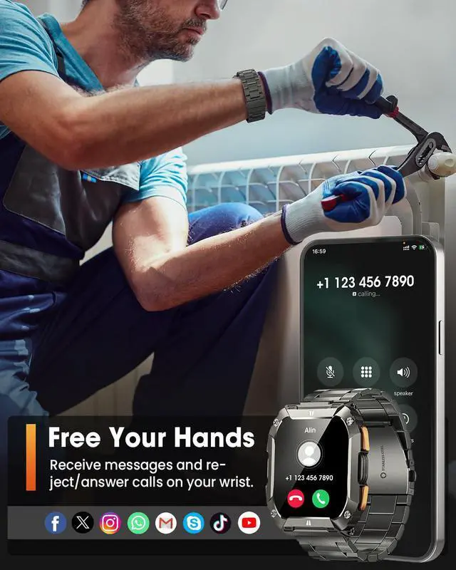 Alt view image 6 of 7 - Military Smart Watches for Men, 1.95'' Smart Watch with 100 Days Battery/Flashlight, Fitness Tracker Watch with Heart Rate/Sleep Monitor/100+ Sports Mode,5 ATM Rugged Smartwatch for Android and iPhone