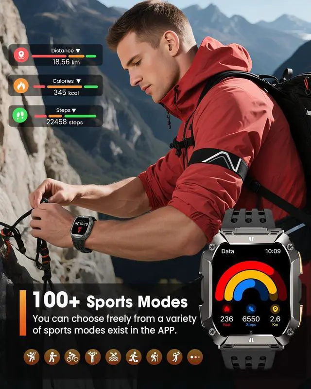 Alt view image 7 of 7 - Military Smart Watches for Men, 1.95'' Smart Watch with 100 Days Battery/Flashlight, Fitness Tracker Watch with Heart Rate/Sleep Monitor/100+ Sports Mode,5 ATM Rugged Smartwatch for Android and iPhone