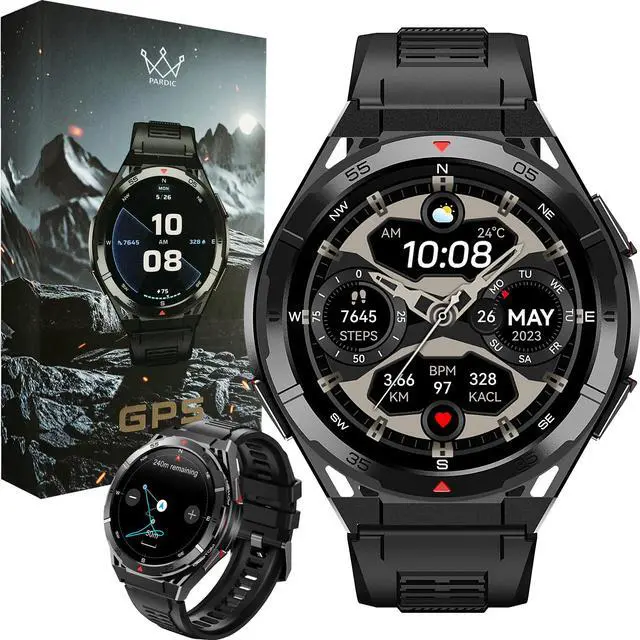 Main image of Military GPS Smart Watch: 1.43 AMOLED Always On Display, Built-In GPS, Compass, Altimeter, Barometer, Fitness/Path Tracker, BT Call, 150+ Sports, IP69K, Voice Assist, Long Battery Life, Android/iOS