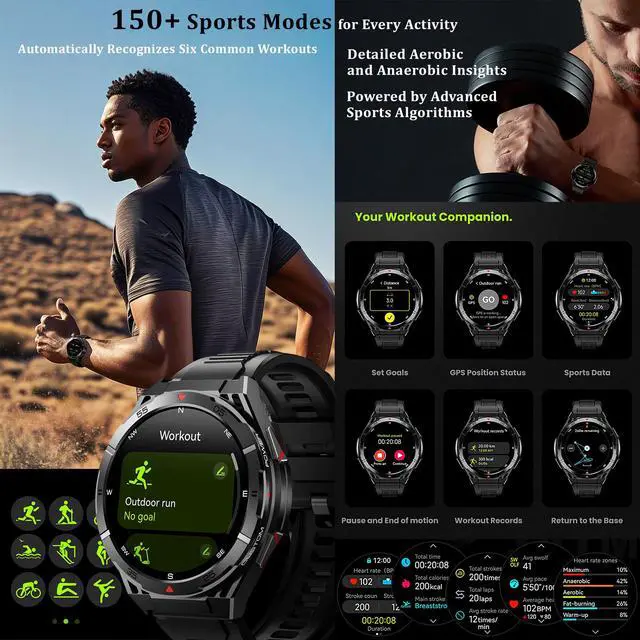 Alt view image 5 of 7 - Military GPS Smart Watch: 1.43 AMOLED Always On Display, Built-In GPS, Compass, Altimeter, Barometer, Fitness/Path Tracker, BT Call, 150+ Sports, IP69K, Voice Assist, Long Battery Life, Android/iOS