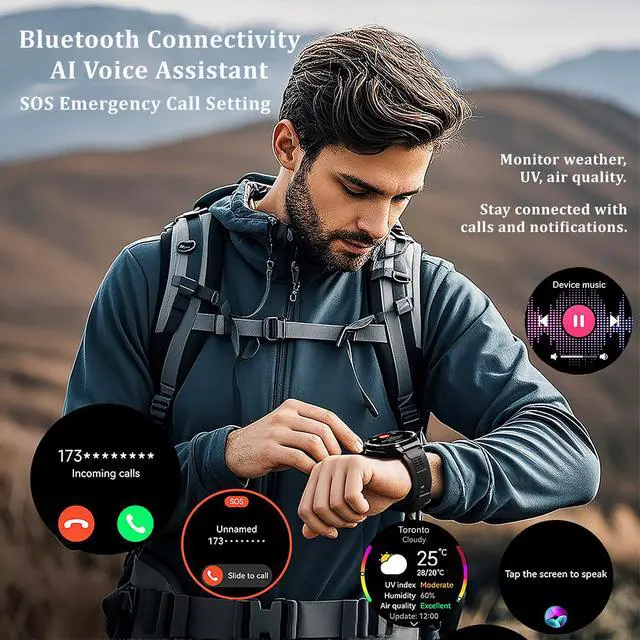 Alt view image 6 of 7 - Military GPS Smart Watch: 1.43 AMOLED Always On Display, Built-In GPS, Compass, Altimeter, Barometer, Fitness/Path Tracker, BT Call, 150+ Sports, IP69K, Voice Assist, Long Battery Life, Android/iOS