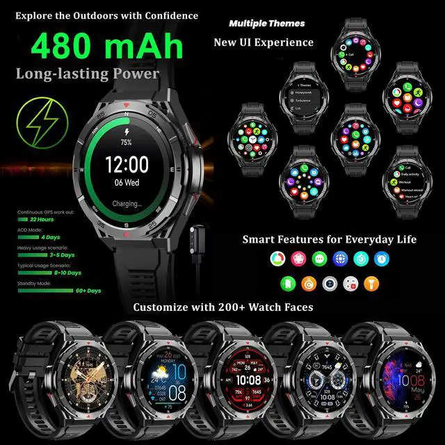 Alt view image 7 of 7 - Military GPS Smart Watch: 1.43 AMOLED Always On Display, Built-In GPS, Compass, Altimeter, Barometer, Fitness/Path Tracker, BT Call, 150+ Sports, IP69K, Voice Assist, Long Battery Life, Android/iOS