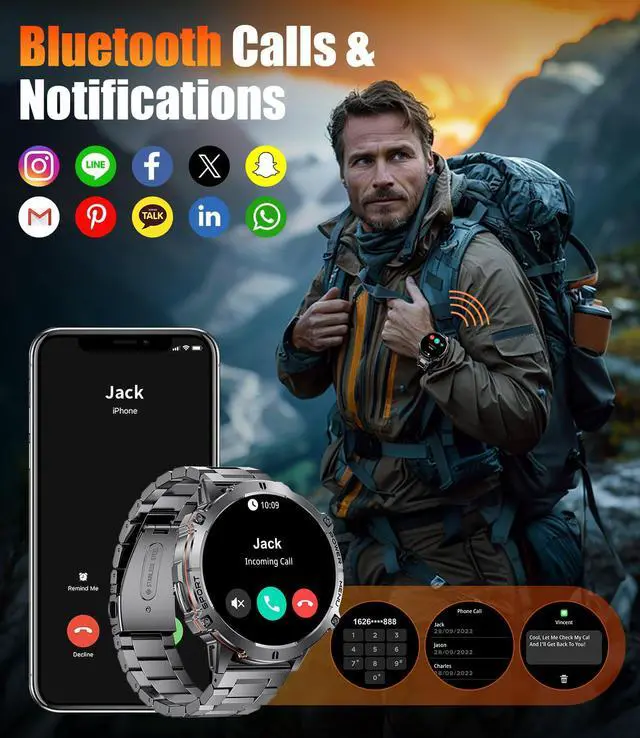 Alt view image 2 of 7 - Smart Watches for Men with 900mAh Battery(60+Standby),1.73" AMOLED with Bluetooth Call,110+ Sports Mode Tactical Fitness Tracker/Heart Rate Sleep Health Monitor/Android iOS Military Smart Watch