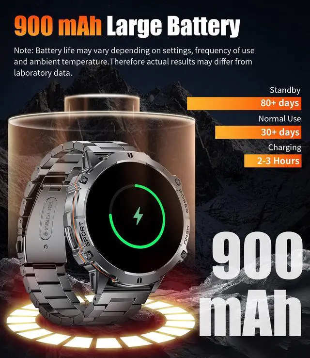 Alt view image 3 of 7 - Smart Watches for Men with 900mAh Battery(60+Standby),1.73" AMOLED with Bluetooth Call,110+ Sports Mode Tactical Fitness Tracker/Heart Rate Sleep Health Monitor/Android iOS Military Smart Watch