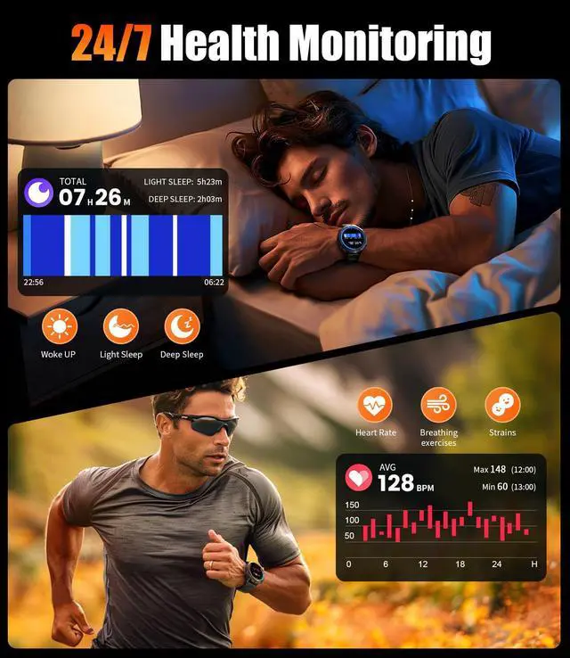Alt view image 6 of 7 - Smart Watches for Men with 900mAh Battery(60+Standby),1.73" AMOLED with Bluetooth Call,110+ Sports Mode Tactical Fitness Tracker/Heart Rate Sleep Health Monitor/Android iOS Military Smart Watch