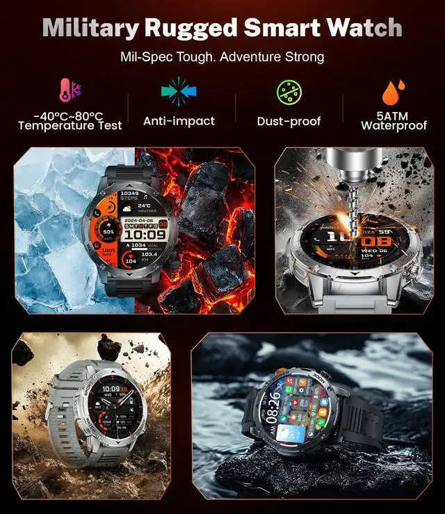 Alt view image 2 of 7 - Military Smart Watches for Men-50 Days Battery/Flashlight/3 Straps,1.75'' IPS HD Display Fitness Watch,IP68 Waterproof Fitness Tracker with Heart Rate,Sleep Monitor,100+ Sports Modes,for iOS Android