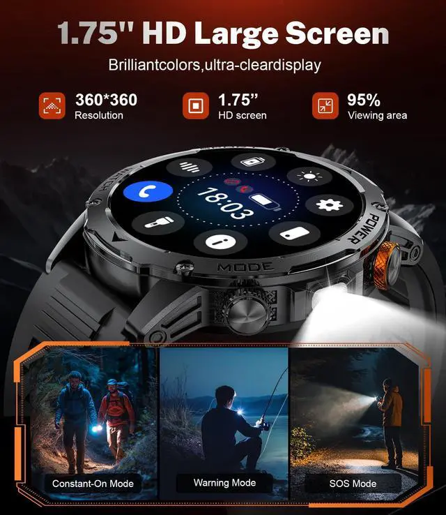 Alt view image 3 of 7 - Military Smart Watches for Men-50 Days Battery/Flashlight/3 Straps,1.75'' IPS HD Display Fitness Watch,IP68 Waterproof Fitness Tracker with Heart Rate,Sleep Monitor,100+ Sports Modes,for iOS Android
