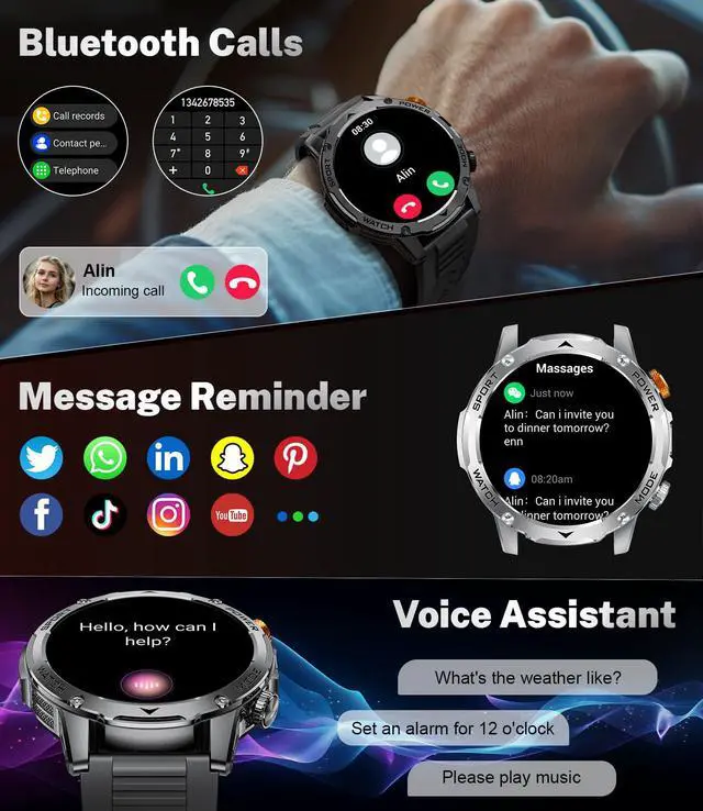 Alt view image 5 of 7 - Military Smart Watches for Men-50 Days Battery/Flashlight/3 Straps,1.75'' IPS HD Display Fitness Watch,IP68 Waterproof Fitness Tracker with Heart Rate,Sleep Monitor,100+ Sports Modes,for iOS Android