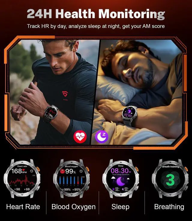 Alt view image 7 of 7 - Military Smart Watches for Men-50 Days Battery/Flashlight/3 Straps,1.75'' IPS HD Display Fitness Watch,IP68 Waterproof Fitness Tracker with Heart Rate,Sleep Monitor,100+ Sports Modes,for iOS Android
