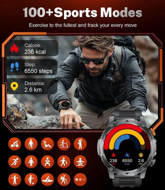 Alt view image 6 of 7 - Military Smart Watches for Men-50 Days Battery/Flashlight/3 Straps,1.75'' IPS HD Display Fitness Watch,IP68 Waterproof Fitness Tracker with Heart Rate,Sleep Monitor,100+ Sports Modes,for iOS Android