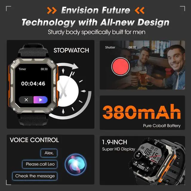 Alt view image 6 of 7 - Military Smart Watch for Men with Blood Pressure (Answer/Make Call), Rugged Tactical Smartwatch for Android and iPhone, 10 ATM Waterproof Outdoor Sports Fitness Tracker with Heart Rate, Sleep Monitor