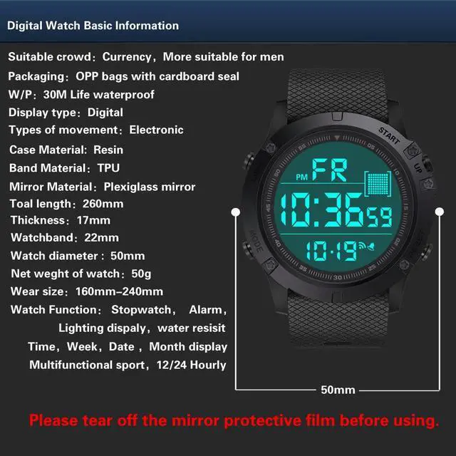 Alt view image 4 of 7 - Men's Digital Sports Watch Military Electronic Waterproof Wrist Watches for Men with Stopwatch Countdown Timer Alarm Date LED Backlight
