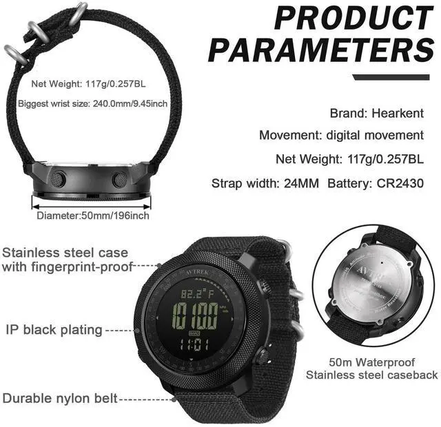 Alt view image 5 of 7 - JAYSUING Digital Hiking Sport Watches for Men - Tactical Training Military Compass Solid Outdoor Multifunction Waterproof Altimeter Watch (Black)