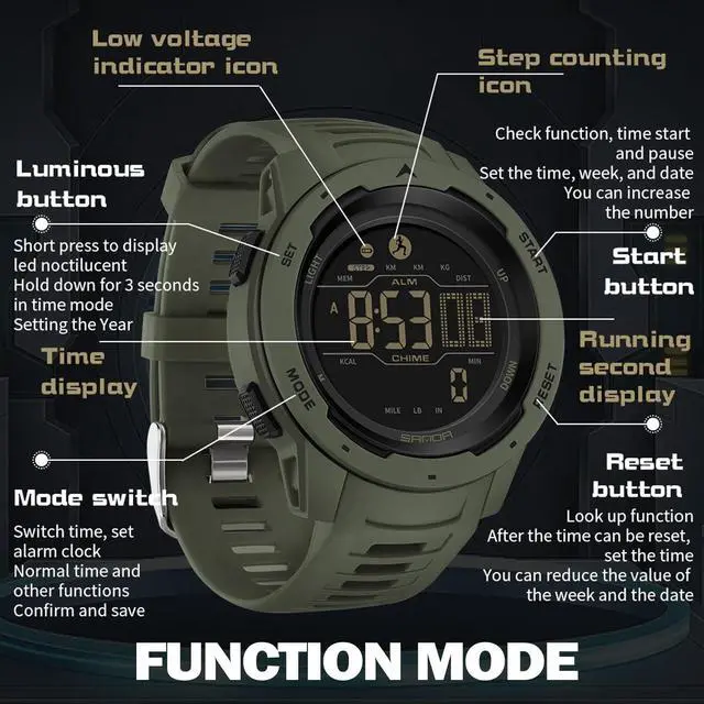 Alt view image 7 of 7 - JAYSUING Men's Digital Watch Waterproof Pedometer Watches Sport Watch Step Counter Calorie Military Watch with Stopwatch Alarm LED Backlight Countdown