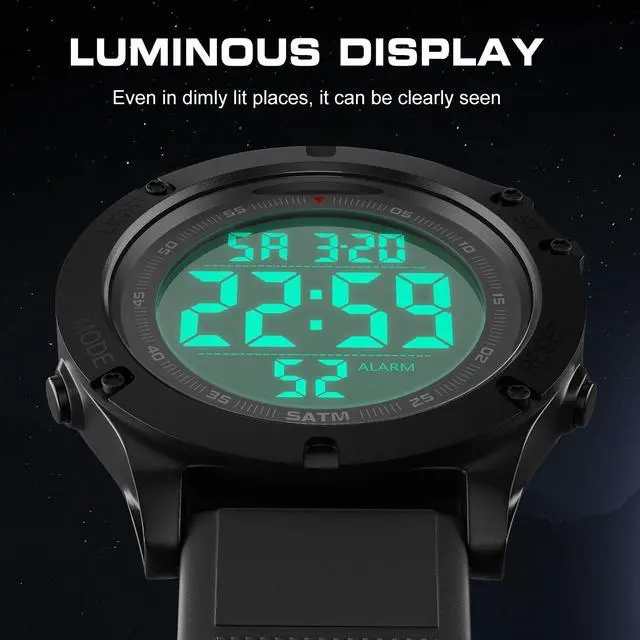 Alt view image 2 of 7 - JAYSUING Mens Digital Sports Watch, Large LCD Display, 5ATM Water Resistant, Black Silicone Band