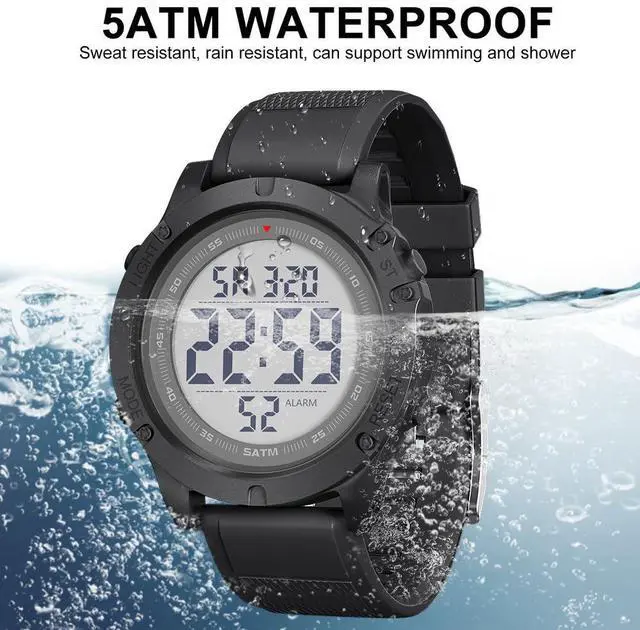 Alt view image 4 of 7 - JAYSUING Mens Digital Sports Watch, Large LCD Display, 5ATM Water Resistant, Black Silicone Band