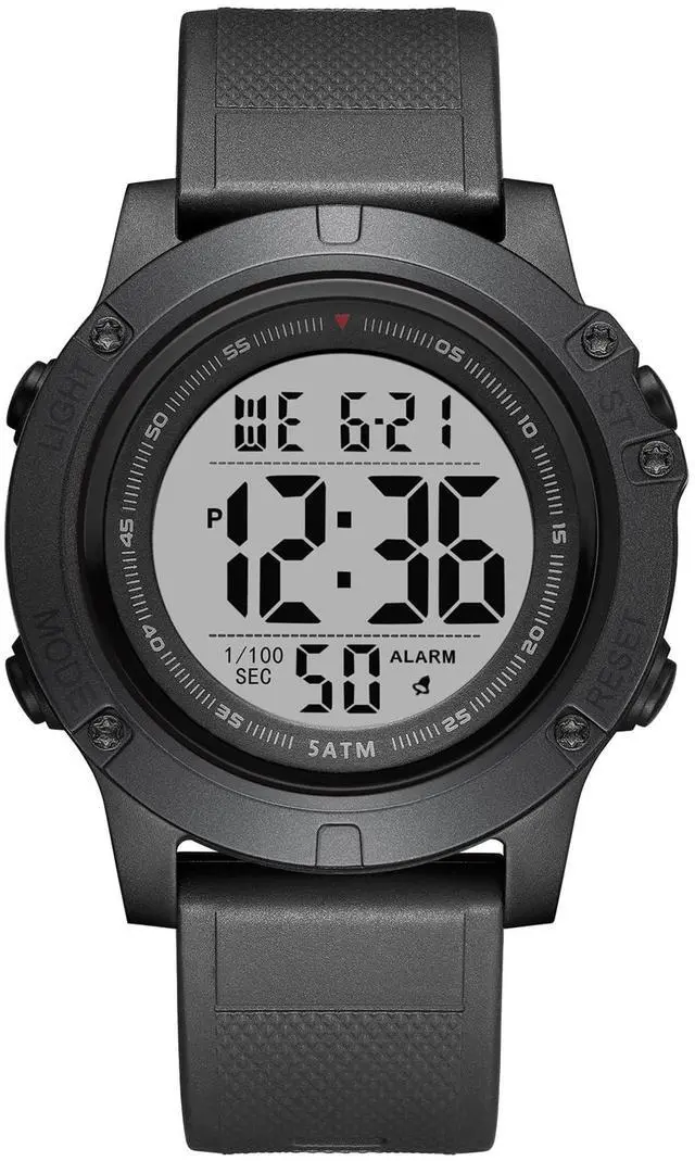 Main image of JAYSUING Mens Digital Sports Watch, Large LCD Display, 5ATM Water Resistant, Black Silicone Band