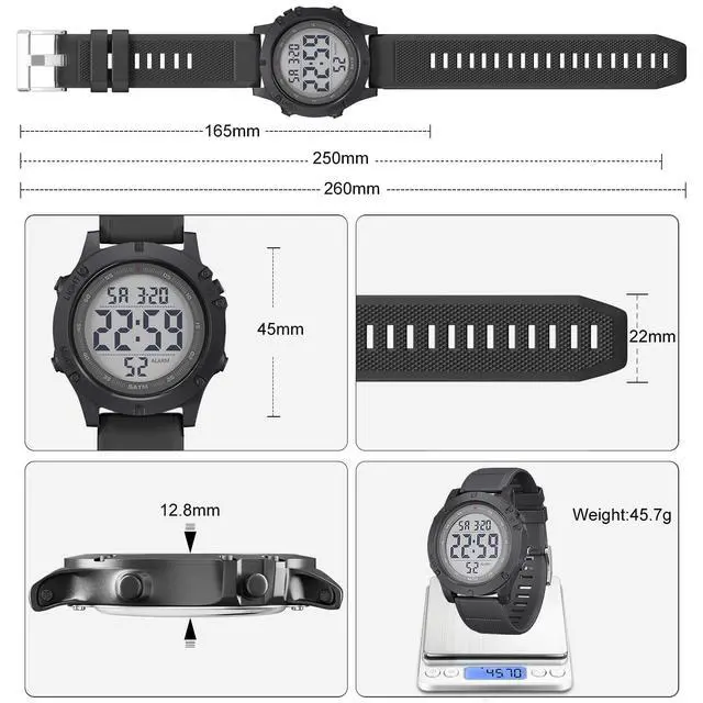 Alt view image 5 of 7 - JAYSUING Mens Digital Sports Watch, Large LCD Display, 5ATM Water Resistant, Black Silicone Band
