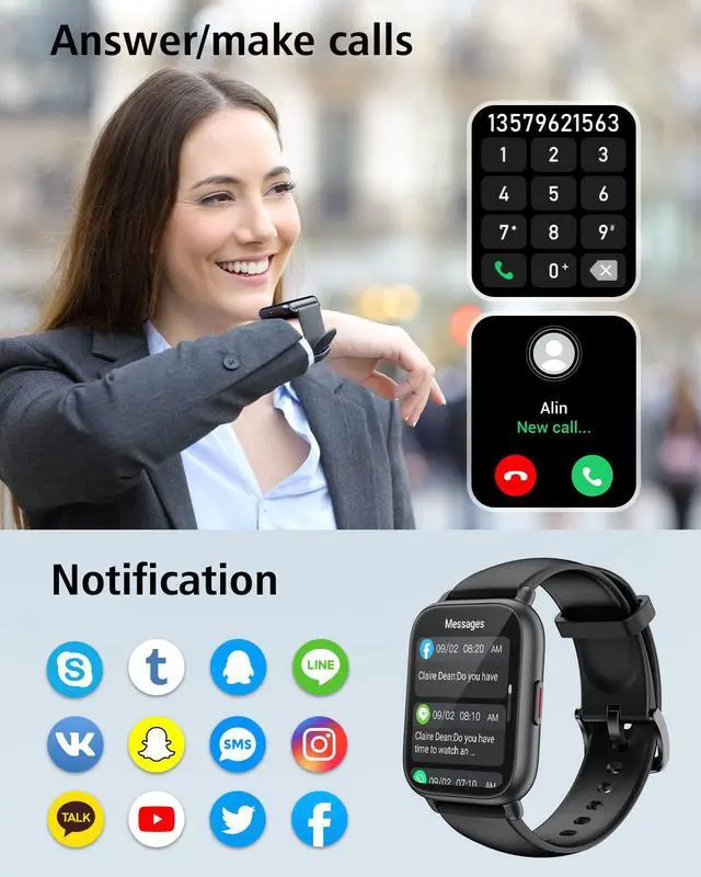 Alt view image 2 of 7 - JAYSUING Smart Watches for Men Women (Answer/Make Calls, 2 Bands Included), 1.8" Smartwatch for iOS/Android Phones, Fitness Tracker Heart Rate/Sleep Monitor Digital Watch Waterproof Black