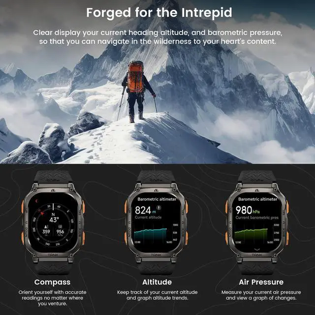 Alt view image 4 of 7 - JAYSUING Tank M3 Ultra Smart Watch with GPS, 50M Waterproof, Compass, Altitude, Air Pressure, 480mAh Extra Large Battery, Full Stainless Steel, Bluetooth Call, AMOLED Always-on Display