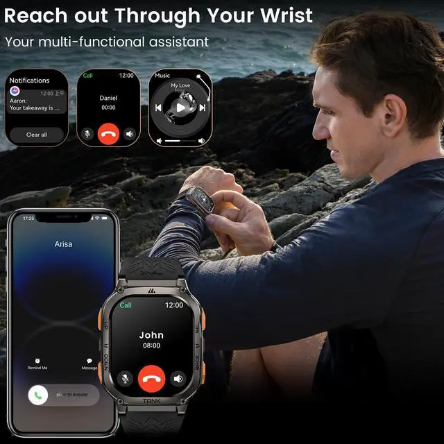 Alt view image 5 of 7 - JAYSUING Tank M3 Ultra Smart Watch with GPS, 50M Waterproof, Compass, Altitude, Air Pressure, 480mAh Extra Large Battery, Full Stainless Steel, Bluetooth Call, AMOLED Always-on Display