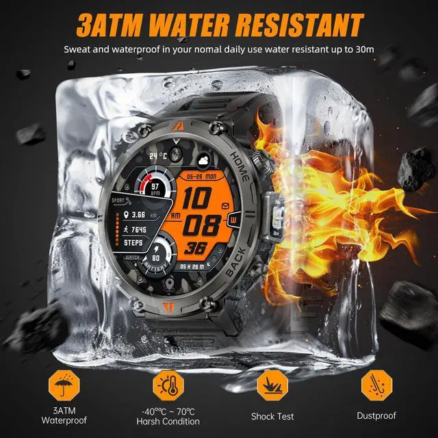 Alt view image 2 of 7 - Military Smart Watches for Men Built-in GPS with LED Flashlight Compass, 3ATM Waterproof Rugged Tactical Smartwatch with Text and Call, 1.45" HD Fitness Tracker with HR SPO2 Monitor for iPhone Android