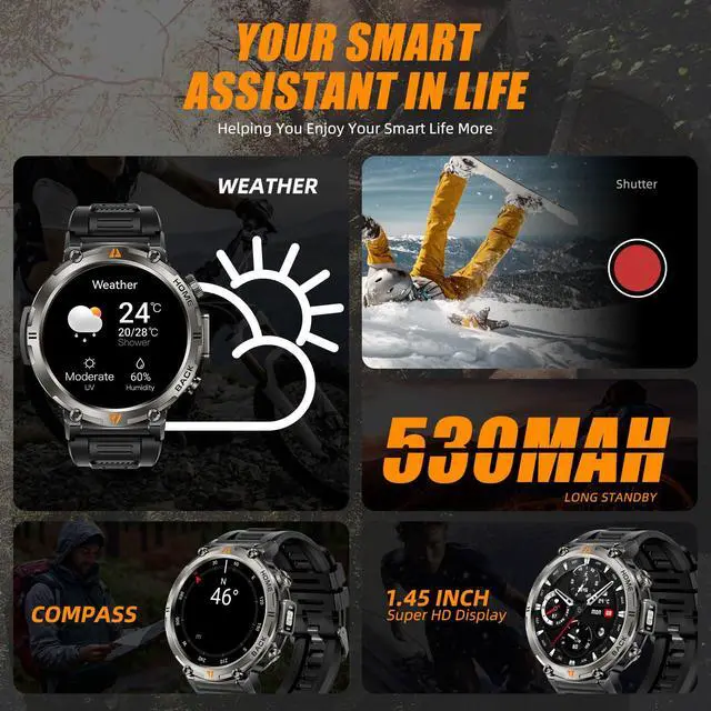 Alt view image 6 of 7 - Military Smart Watches for Men Built-in GPS with LED Flashlight Compass, 3ATM Waterproof Rugged Tactical Smartwatch with Text and Call, 1.45" HD Fitness Tracker with HR SPO2 Monitor for iPhone Android