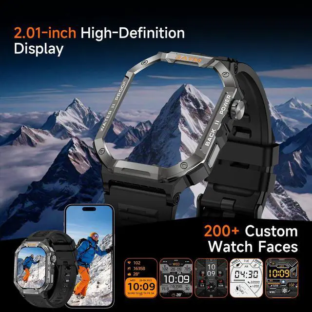 Alt view image 2 of 7 - Military Smart Watches for Men (Answer/Make Calls), 2.01" UHD Fitness Watch with Heart Rate/Sleep Monitor/Blood Oxygen/100+ Sport Modes/IP68 Waterproof, Smartwatch for Android & iPhone, Orange
