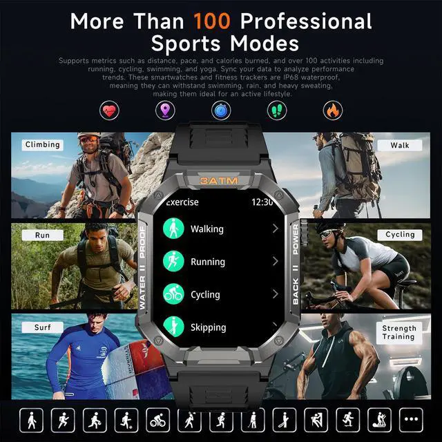Alt view image 3 of 7 - Military Smart Watches for Men (Answer/Make Calls), 2.01" UHD Fitness Watch with Heart Rate/Sleep Monitor/Blood Oxygen/100+ Sport Modes/IP68 Waterproof, Smartwatch for Android & iPhone, Orange