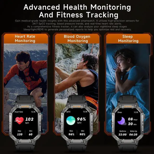 Alt view image 5 of 7 - Military Smart Watches for Men (Answer/Make Calls), 2.01" UHD Fitness Watch with Heart Rate/Sleep Monitor/Blood Oxygen/100+ Sport Modes/IP68 Waterproof, Smartwatch for Android & iPhone, Orange