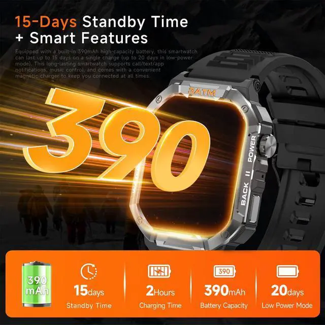 Alt view image 6 of 7 - Military Smart Watches for Men (Answer/Make Calls), 2.01" UHD Fitness Watch with Heart Rate/Sleep Monitor/Blood Oxygen/100+ Sport Modes/IP68 Waterproof, Smartwatch for Android & iPhone, Orange