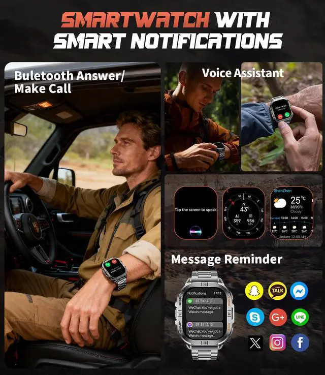 Alt view image 2 of 7 - GPS Military Smart Watch for Men(Answer/Call), 2.13'' Smartwatch,60 Days Battery,6 Satellite Positioning/Compass,5 ATM Fitness Tracker with Flashlight/Heart Rate/Sleep/100+ Sport Modes for Android/iOS