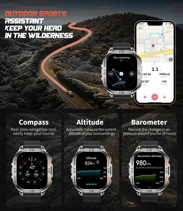 Alt view image 5 of 7 - GPS Military Smart Watch for Men(Answer/Call), 2.13'' Smartwatch,60 Days Battery,6 Satellite Positioning/Compass,5 ATM Fitness Tracker with Flashlight/Heart Rate/Sleep/100+ Sport Modes for Android/iOS